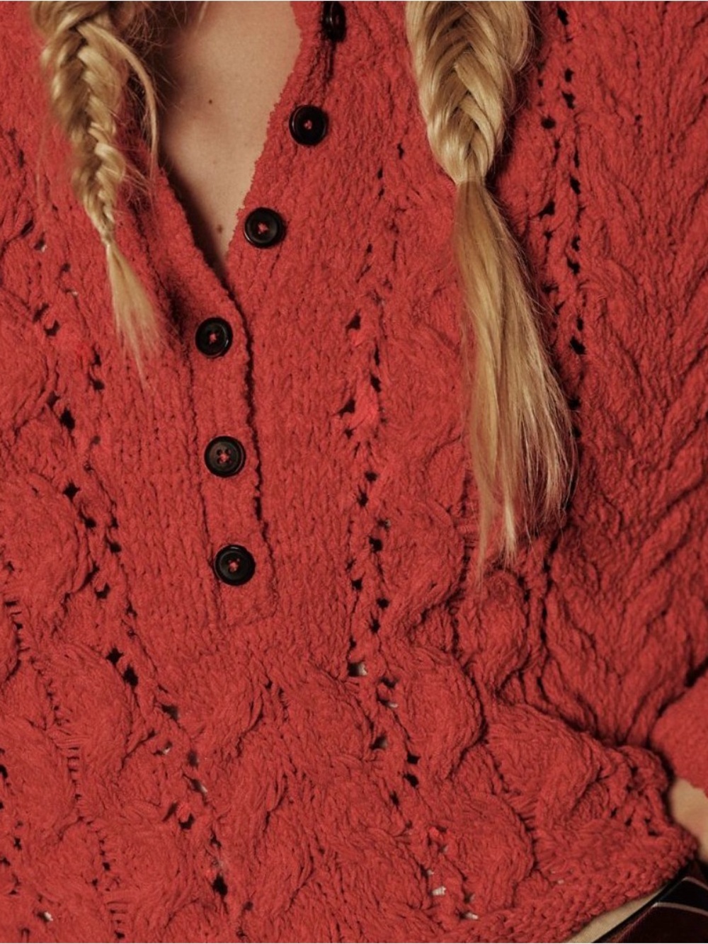 Free People Red Cable Knit Henley Sweater NWT $148 - Picture 2 of 6